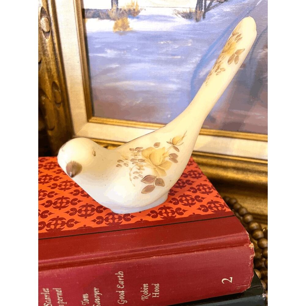 Vintage Fenton Bird of Happiness Custard Satin Hand Painted Floral Signed Debra